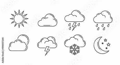 Weather icons for sun, clouds, rain, snow, and moon. Suitable for weather applications, websites, presentations, and educational materials.