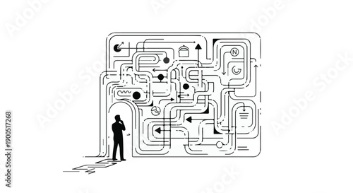 Silhouette of a person contemplating a complex maze of connections and pathways