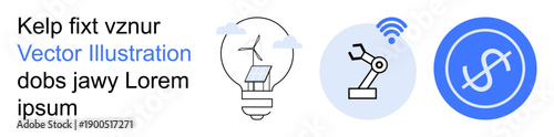 Renewable energy, automation systems, wireless communication, technology advancements, smart engineering, modern solutions. Light bulb with solar panel, robotic arm wireless signal icon. Renewable