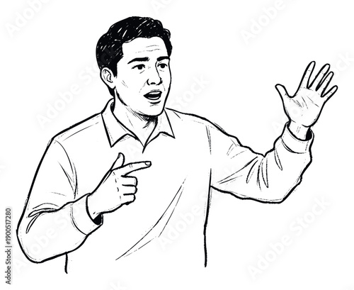 A young adult man actively speaking and gesturing with expressive hand movements, ideal for conveying concepts of presentation, explanation, or direct communication.
