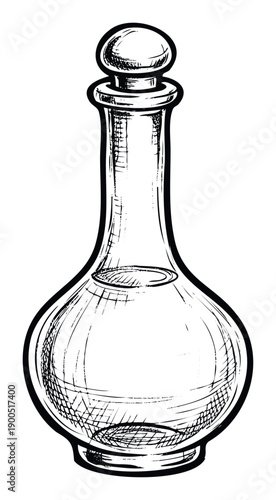 Elegant vintage glass decanter with a rounded body and slender neck featuring a decorative stopper, perfect for beverage packaging labels, kitchen decor, or luxury brand advertising