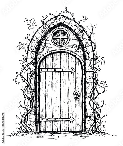 A charming hand drawn rustic wooden door with an arched stone frame and climbing vines, perfect for storytelling illustrations, book covers, and enchanted garden themes.
