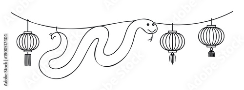 Smiling snake and traditional Asian lanterns suspended on a string celebrating Chinese New Year for festive cultural events and educational decoration projects