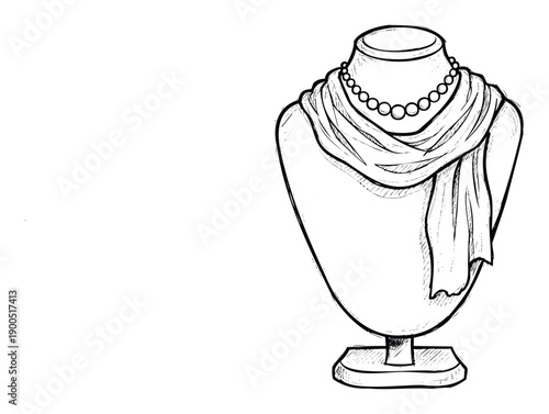 Elegant display bust showcasing a classic pearl necklace and graceful fabric drape, perfect for jewelry store branding or sophisticated accessory presentations.