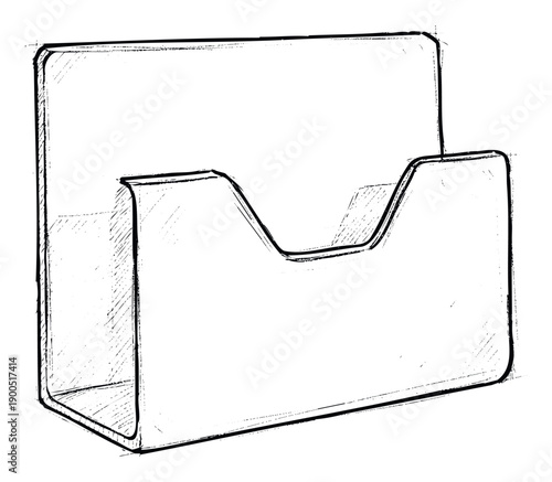 Hand drawn sketch of a clear acrylic display stand for business cards or brochures, ideal for office organization, retail marketing, or stationery presentations