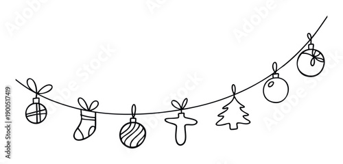Simple black outline drawing of various Christmas ornaments strung together on a whimsical garland ideal for winter celebration designs and festive season promotions