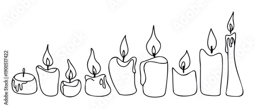 A minimalist line drawing of glowing candles creating a cozy warm ambiance, perfect for holiday greetings, spiritual event promotions, or peaceful home decor themes.