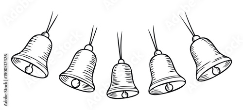 Stylized hand drawn outline depiction of multiple hanging bells with clappers useful for holiday greetings educational materials or celebratory occasion themes
