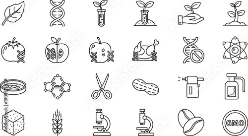 Genetic engineering and GMO line icons set, biotechnology symbols, DNA, lab research, modified food, agriculture science, biology illustration