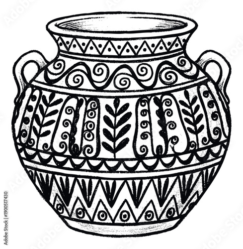 Hand drawn stylized ceramic amphora with traditional geometric and organic motifs perfect for educational publications archaeological studies or cultural event promotions