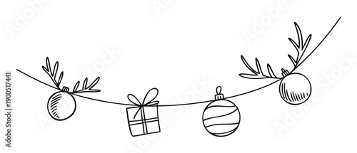 Hand drawn festive string decoration with Christmas balls, a gift box, and whimsical reindeer antler ornaments, ideal for holiday celebration projects and winter season themes.