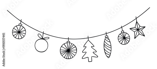 Festive Christmas garland with assorted decorative ornaments hanging on a string, perfect for holiday greetings, seasonal promotions, and winter event decorations.