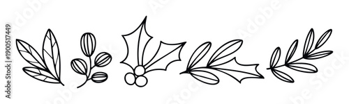 Simple botanical outline elements featuring various leaves and berries including traditional holly, perfect for holiday decorations, natural themed prints, or elegant seasonal graphic