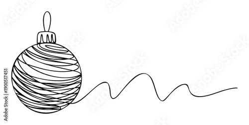 Elegant continuous line drawing of a festive Christmas bauble with a whimsical wavy line extending, perfect for holiday greetings, seasonal promotions, or simple graphic decorations.