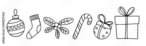 A festive collection of handdrawn Christmas symbols including ornaments, a stocking, mistletoe, a candy cane, and gift boxes, perfect for holiday greetings, seasonal decorations, or winter