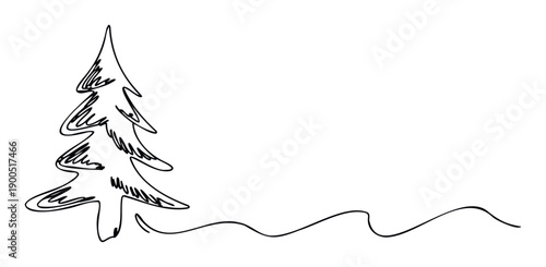 A continuous line drawing of a stylized evergreen tree with a wavy ground line perfect for holiday season greetings, winter event promotions, and minimalist graphic decoration needs