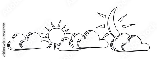 Stylized graphic representing a daily weather cycle, featuring a bright sun and a glowing crescent moon partially hidden by various clouds, excellent for educational resources and app