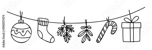 Festive holiday garland featuring classic Christmas decorations like baubles, stockings, mistletoe, candy canes, and gifts, ideal for winter season greetings and celebration promotions.