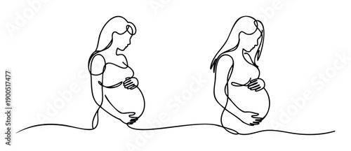 Minimalist continuous line drawing depicting expectant mothers embracing their growing bellies, suitable for maternal health campaigns or pregnancy announcement visuals.