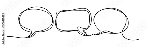 Continuous line drawing of multiple irregular speech bubbles representing conversation and dialogue, perfect for engaging online content, presentations, or educational resources