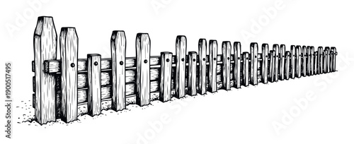 A rustic wooden fence stretches into the distance, depicted in a classic linocut graphic style, perfect for evoking rural charm or boundary concepts in various printed or digital media