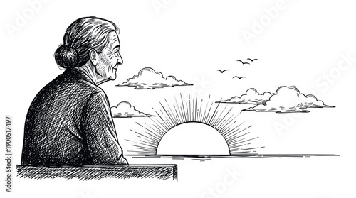 A thoughtful senior woman with hair in a bun watches a peaceful sunrise over the ocean as birds fly, perfect for conveying themes of contemplation, wisdom, and new beginnings in various