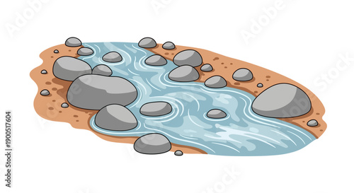 Cartoon illustration of a small stream with rocks on sandy bank