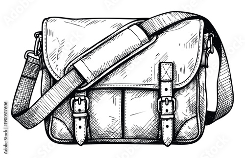 Detailed sketch of an oldfashioned messenger bag with front buckles and a comfortable shoulder strap ideal for various graphic design applications and product packaging