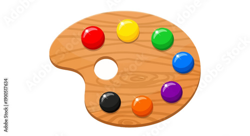 Wooden artist palette with colorful paint blobs on white background