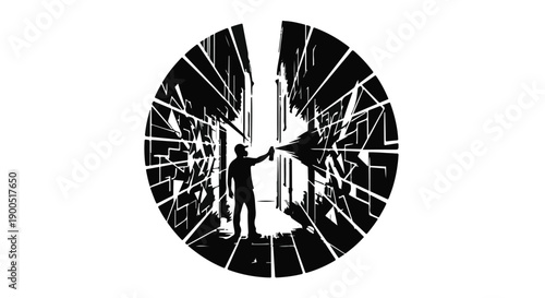 Person spray painting on a wall inside a distorted, urban tunnel with shattered glass effect.