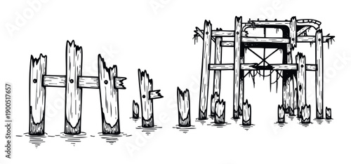 Handdrawn black and white depiction of old decaying wooden fence and pier structures standing in water symbolizing age and the passage of time for various applications.