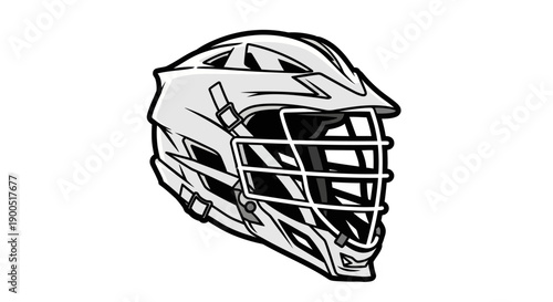 Monochrome illustration of a lacrosse helmet with intricate details