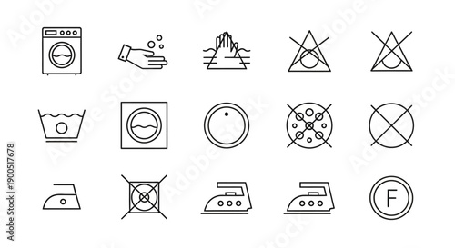 Set of Laundry Care Symbols in Minimalist Line Art Style
