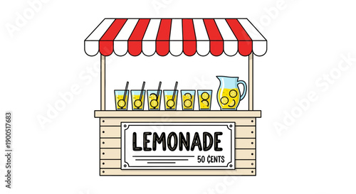 Cartoon lemonade stand with striped canopy and refreshing drinks