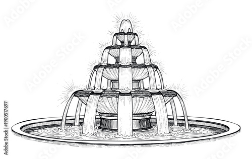 Hand drawn illustration of a classic tiered fountain showcasing gracefully flowing water and serene basin ripples, ideal for architectural concepts, landscape plans, or elegant visual