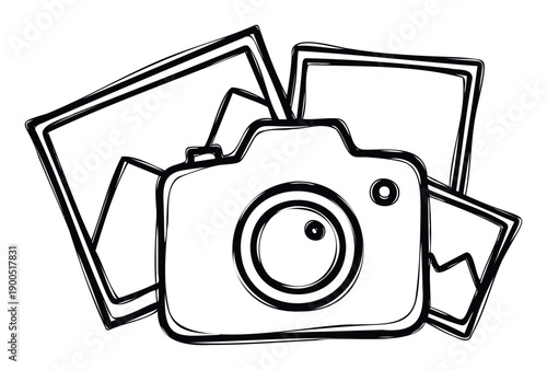Hand drawn sketch style camera and multiple blank picture frames representing photography memories and creative projects ideal for personal blogs social media graphics or event invitations