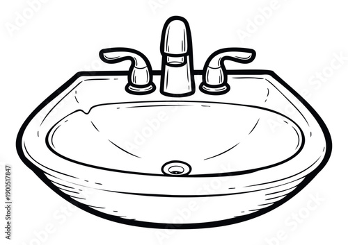 A monochrome line sketch depicting a typical bathroom sink assembly including a central water faucet and two separate control handles, useful for architectural blueprints or interior design