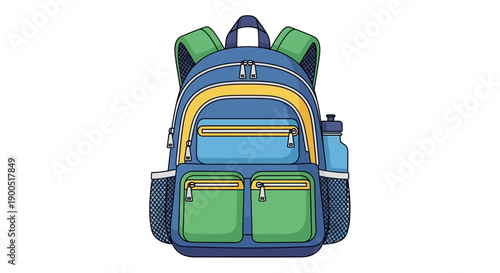 Colorful backpack illustration with multiple pockets and water bottle holder