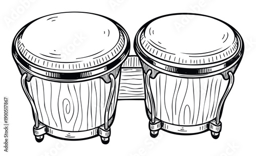 Detailed engraving style illustration of traditional bongo drums perfect for global music culture presentations and rhythm related projects.