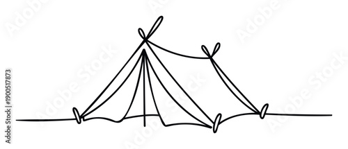 Minimalist single line drawing of a camping tent for outdoor adventure and travel themes, perfect for modern branding, web icons, or event invitations.