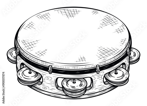 Hand drawn illustration of a classic tambourine musical instrument, perfect for musicthemed posters, educational materials, and entertainment event promotions