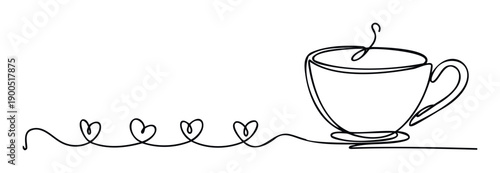 Minimalist one line drawing portraying a hot beverage mug alongside charming heart shapes, ideal for sweet morning messages, love themed decor, or digital marketing.