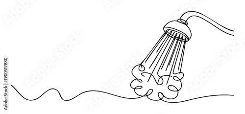 Continuous line drawing of a shower head spraying water that forms foamy swirls and a wavy stream, perfect for hygiene or bathroom decor concepts