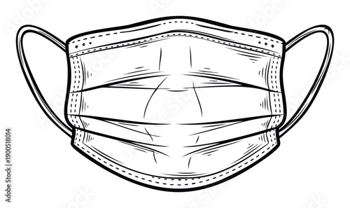 Essential medical face mask in a graphic black and white line drawing style representing health protection and hygiene suitable for educational materials or public health messaging.