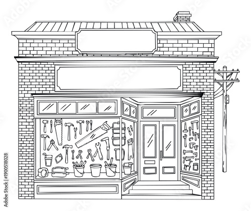 Hardware store building facade line drawing with various tools displayed in the shop window, ideal for business promotion or construction industry projects