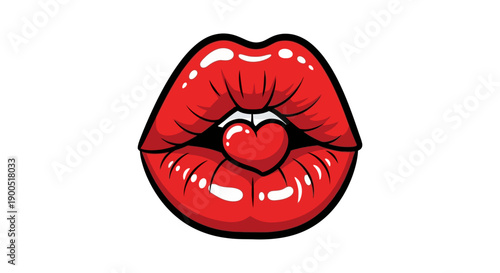 Red lips with heart symbol in pop art style illustration