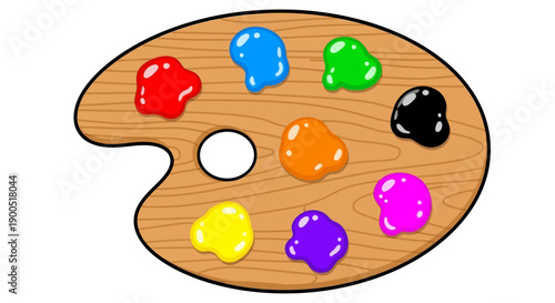 Colorful artist palette with vibrant paint blobs on wooden surface