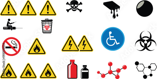 Hazard and bio safety symbols set, toxic warning, flammable signs, electric danger, chemical bottles, accessibility icon collection