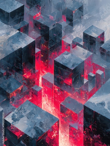 Abstract Cityscape with Glowing Red Elements and Dark Structures