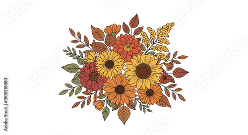 Autumn floral bouquet with sunflowers and leaves on white background